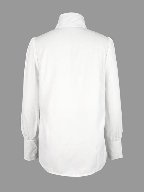 Women's Plain Button Front Puff Sleeve Blouse, Elegant Long Sleeve Stand Collar Top for Spring & Fall, Ladies Clothes for Daily Wear 7
