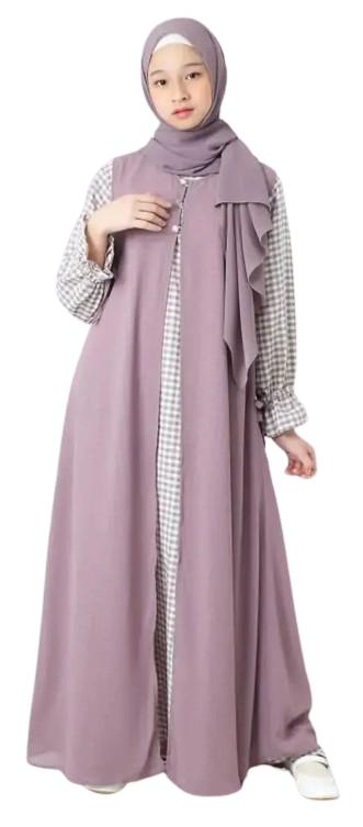 Nibarubusana Baju Gamis Anak Tanggung Perempuan Usia 10 12 13 14 15 16 Tahun Bahan Katun Kotak Mix Ceruty Babydol Plus Fasmina Model  2 layer Menyatu Basana Muslim Anak Lebaran 2024 Dress Remaja Panjang Pink