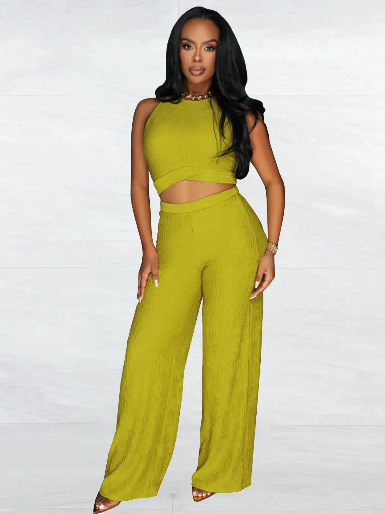 Two-piece Set Women's Solid Crop Tank Top & High Waist Wide Leg Pants Set, Elegant Fashion Casual Sleeveless Tie Back Round Neck Top & Trousers for Daily Outdoor Wear, Ladies Summer Clothes