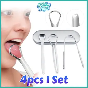 4pcs Set Pembersih Lidah 3-in-1 Basmi Bau Mulut Scraper Sikat Stainless Steel Kebersihan Mulut