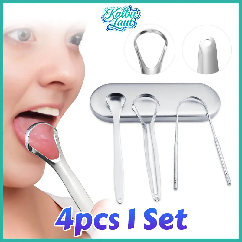 4pcs Set Pembersih Lidah 3-in-1 Basmi Bau Mulut Scraper Sikat Stainless Steel Kebersihan Mulut