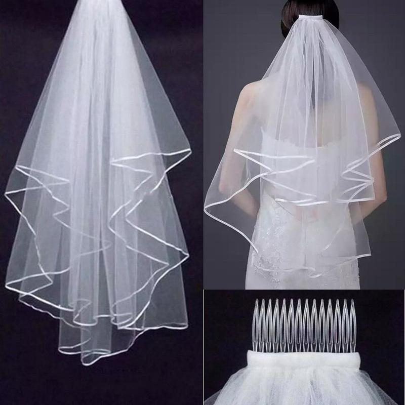 Elegant Wedding Accessories Short Simple Lace Edge Two Layer With Comb Bridal Veil Wedding Veil Women's Tulle 0