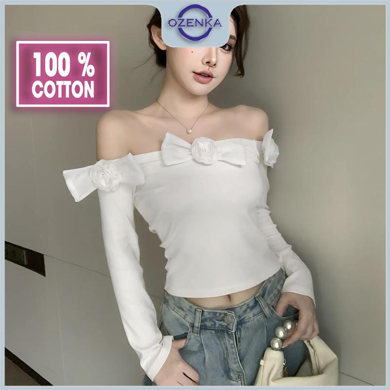 Áo croptop kiểu trễ vai tay dài ôm nữ sang chảnh ozenka , áo crt đính nơ xinh thun cotton đen trắng mặc đi chơi cà phê Women Dáng Ngắn Cổ Tròn Jean Sơ Mi