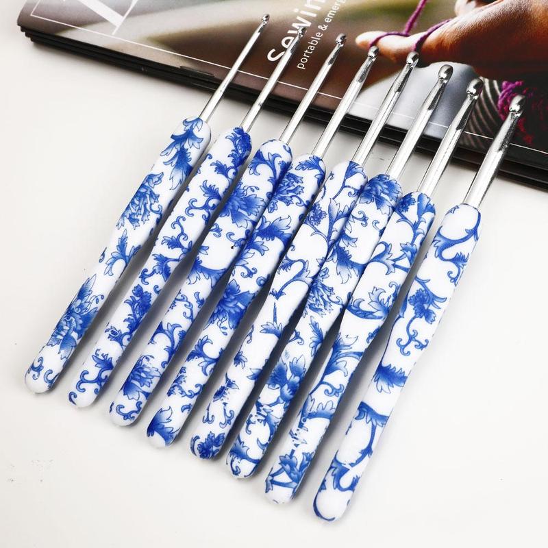 8pcs/set Blue and White Porcelain Pattern Crochet Hook Set, Crochet Supplies For DIY 6