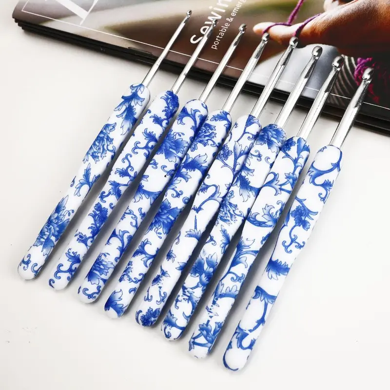 8pcs/set Blue and White Porcelain Pattern Crochet Hook Set, Crochet Supplies For DIY 6