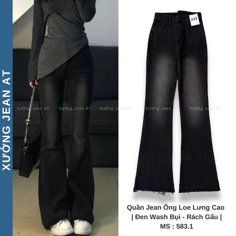 Quần Jean Ống Loe Lưng Cao Đen Wash Bụi Rách Gấu Phong Cách Hàn Quốc Trẻ Trung 583.1