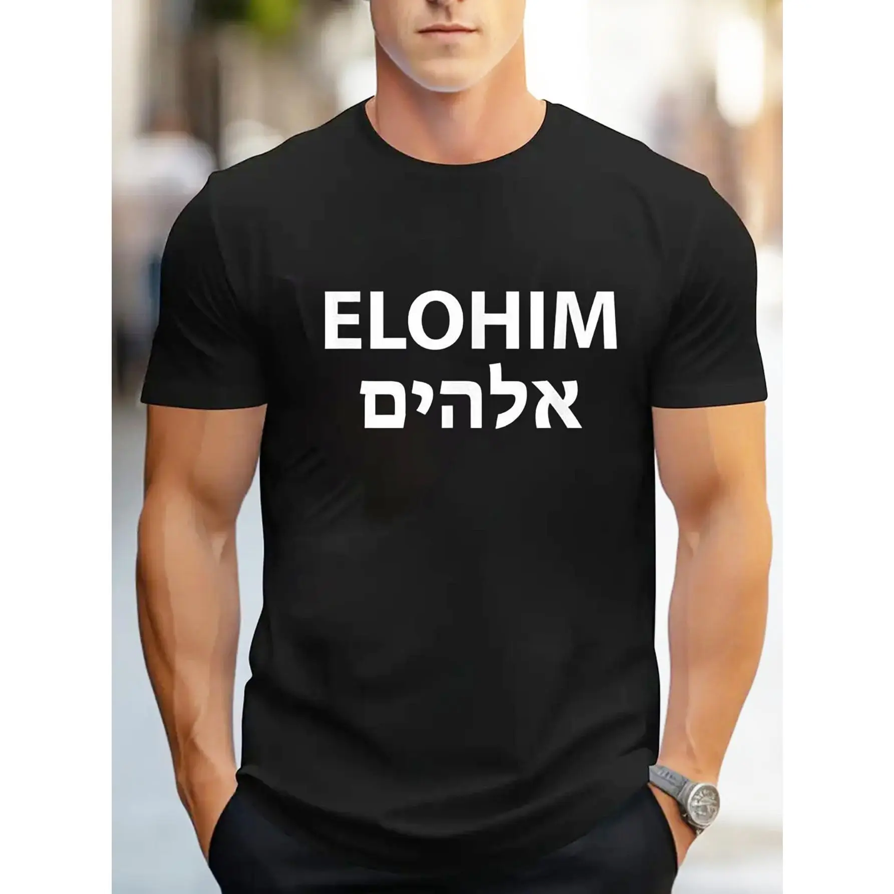 1pc ELOHIM Hebrew Text Printed T-Shirt, 100% Cotton Crew Neck Casual Tee, Short Sleeve Knit Fabric Top for Men, Summer Sports & Leisure Wear