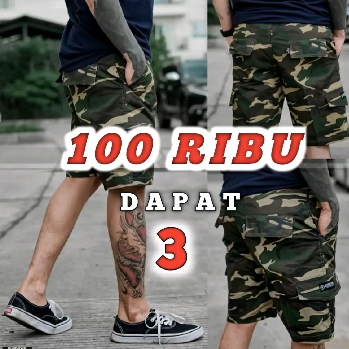 PROMO 100 ribu  dapat 3 pca celana pendk cargo army loreng premium santai uk L sama XL