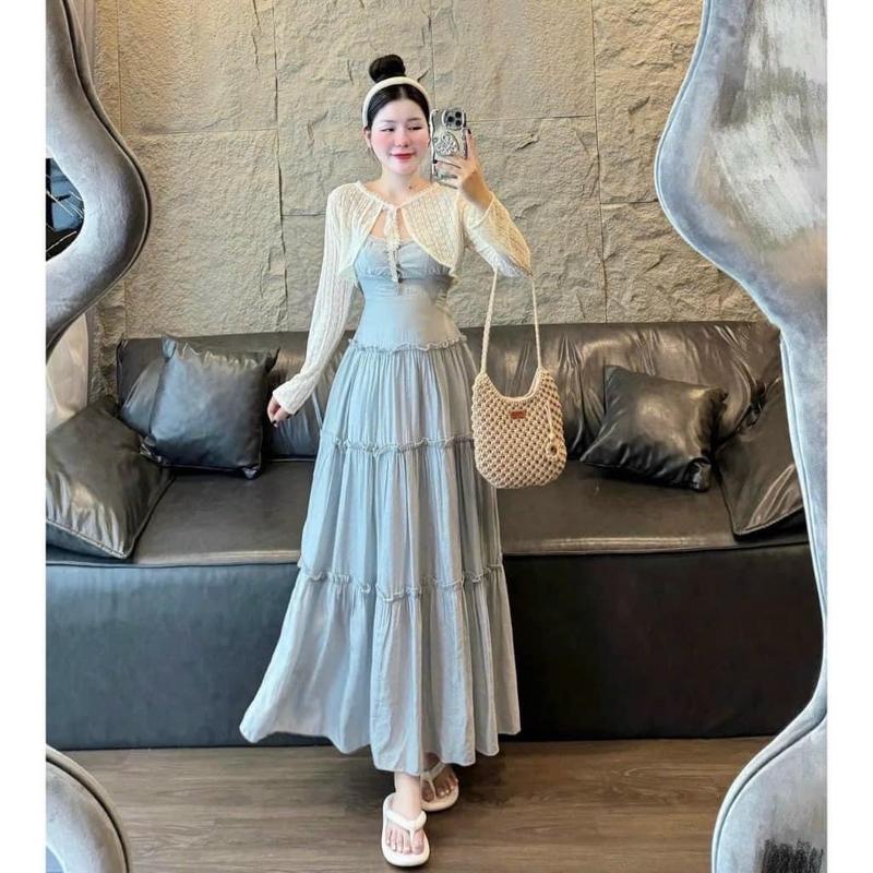 Mèo Mỡ Bigsize — Set maxi tầng 2 dây kèm áo khoác len màu pastel hè tay dài nữ bigsize 55-90kg váy đi biển pastel