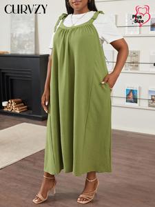 CURVZY Plus Size Autumn Aesthetic Solid Color Knot Shoulder Pinafore Dress, Casual Pocket Overall Dress for Summer & Autumn, Women's Plus Clothing for Daily Wear