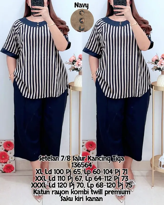 TOP - Setelan Katun Rayon Twill 136564 - Set Salur 7per8 - Celana Kulot Pendek - Atasan Motif Salur 1
