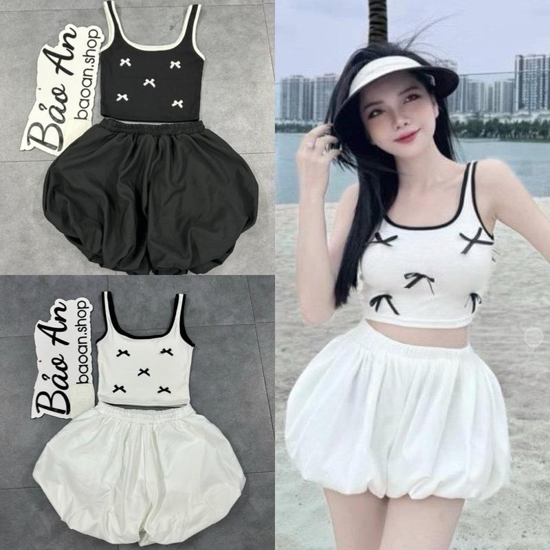 [SB163] Sét áo 2 dây bảng to viền nổi phối nơ và quần bí Thun Women