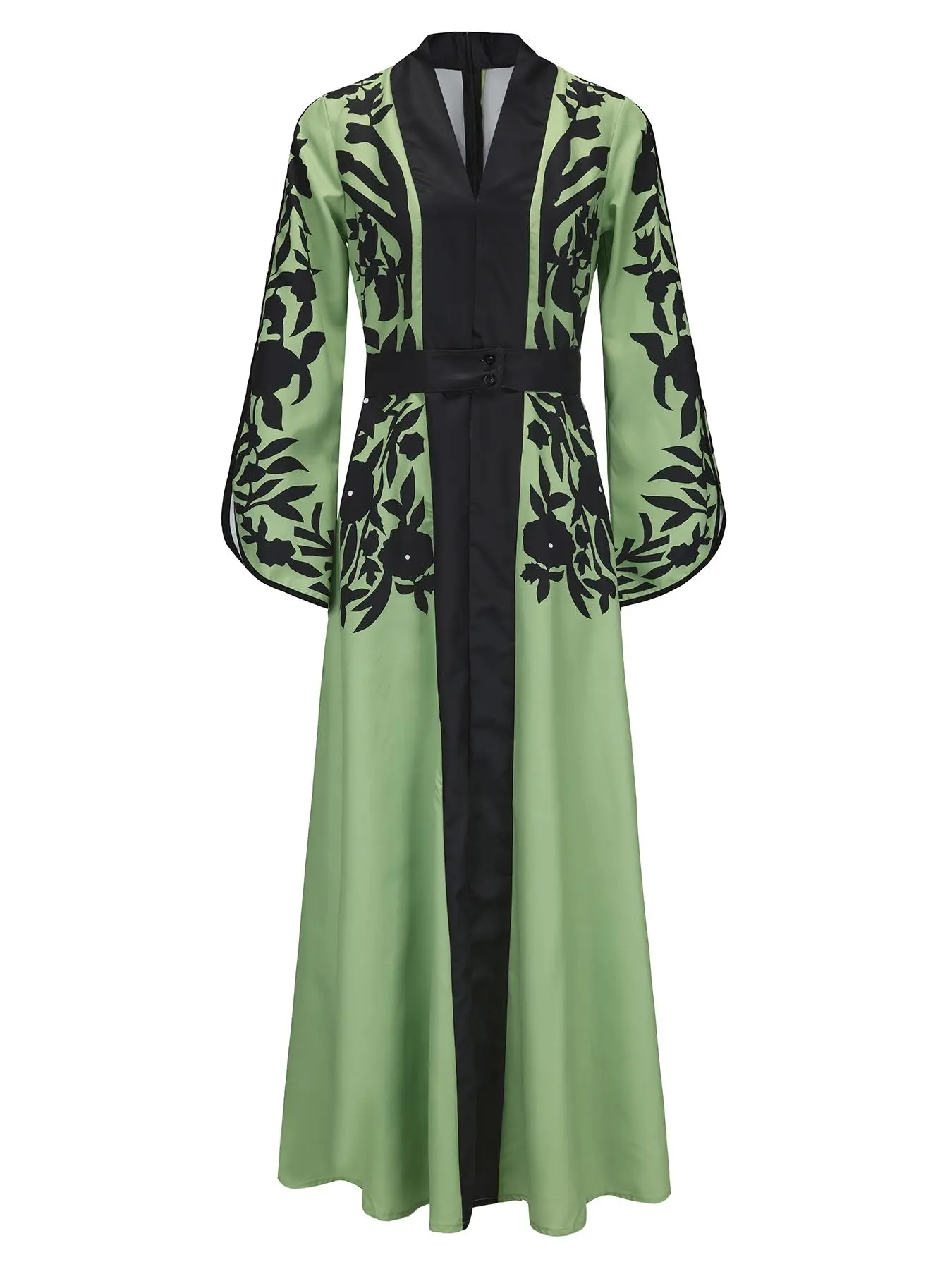 Women's Colorblock & Floral Print Buttons Belted Long Dress, Elegant V Neck Split Sleeve Dress for Spring & Fall, Women's Clothing for Daily Wear, Dresses for Women