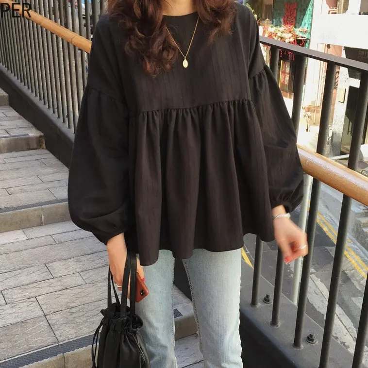 Sweet Lantern Sleeved Shirt Women Korean Long Sleeved Doll Shirt for Women Loose Fitting Blouse Top Lady Basic Casual Longsleeve Crewneck