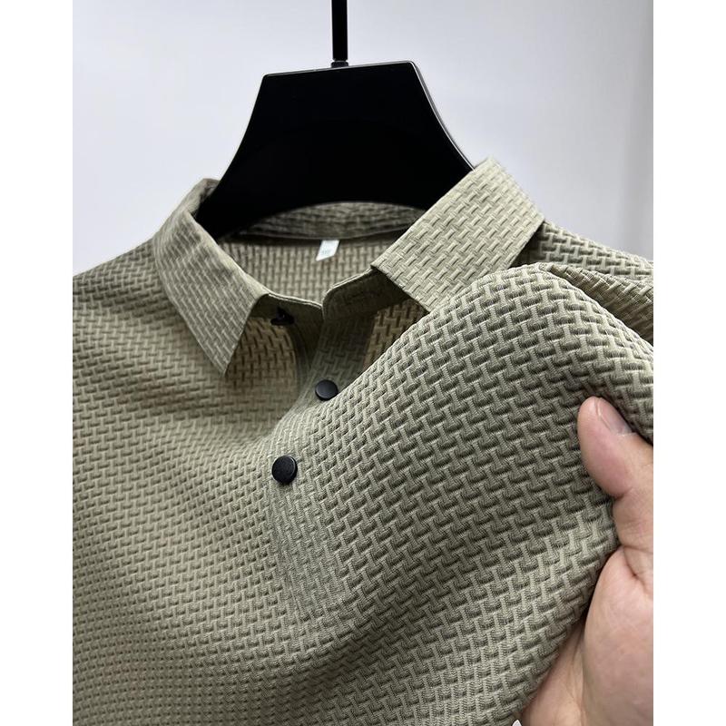 Áo Thun ngắn Tay Lưới Cao Cấp, Dành Cho Nam Giới, Chất Liệu Lụa Lạnh Cổ Áo Sơ Mi, Màu Trơn Áo Polo, Tay Lửng Quần Áo Nam, Mùa Hè 6