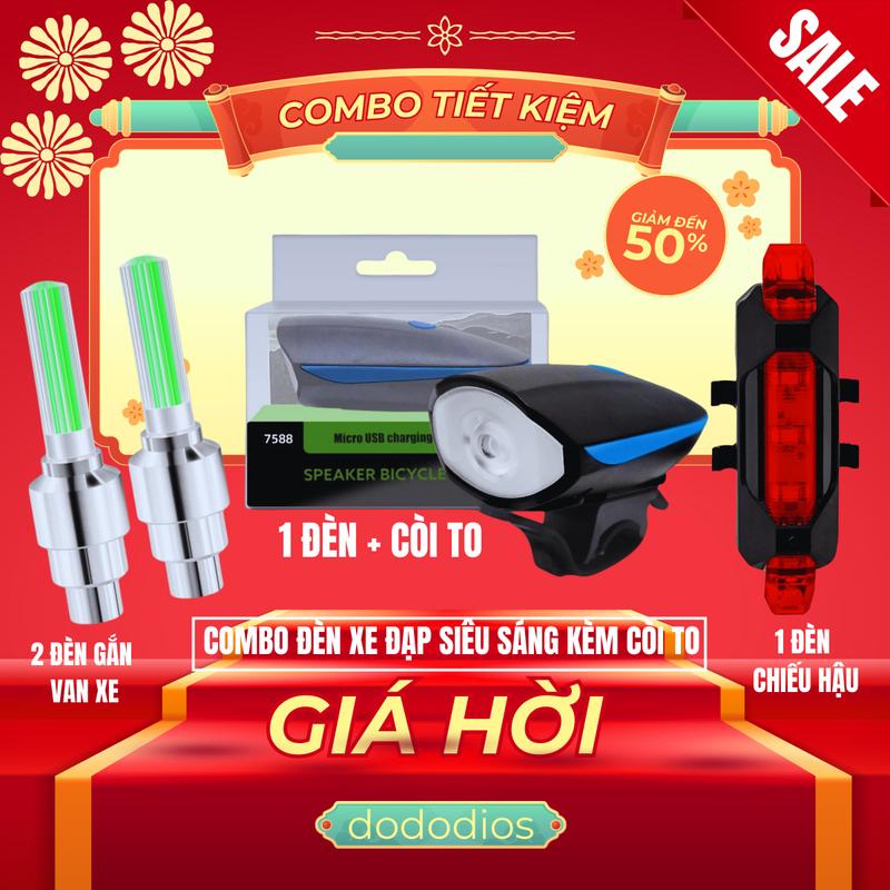 Bộ Đèn Pha Kèm Còi To Dododios Chính Hãng Cho Xe Đạp - 2 Đèn Led Gắn Van Xe Đạp + 1 Đèn Chiếu Hậu Nhấp Nháy Cảnh Báo - Sports Chính Hãng Dododios