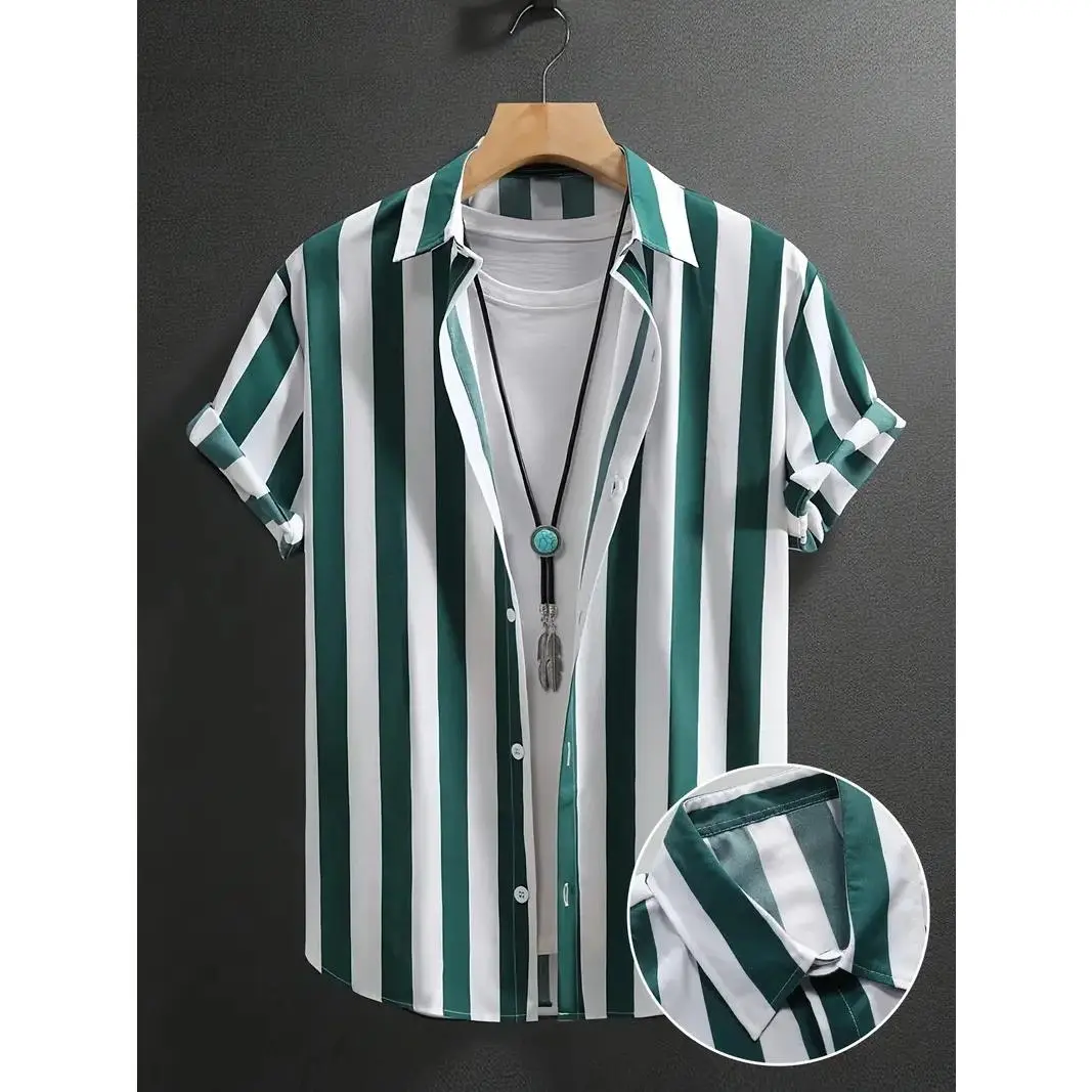 Summer Men's Casual Pattern Short Sleeve Shirt Button-Down Roll-Neck Shirt Top Men's Casual Hawaiian Shirt streetwear