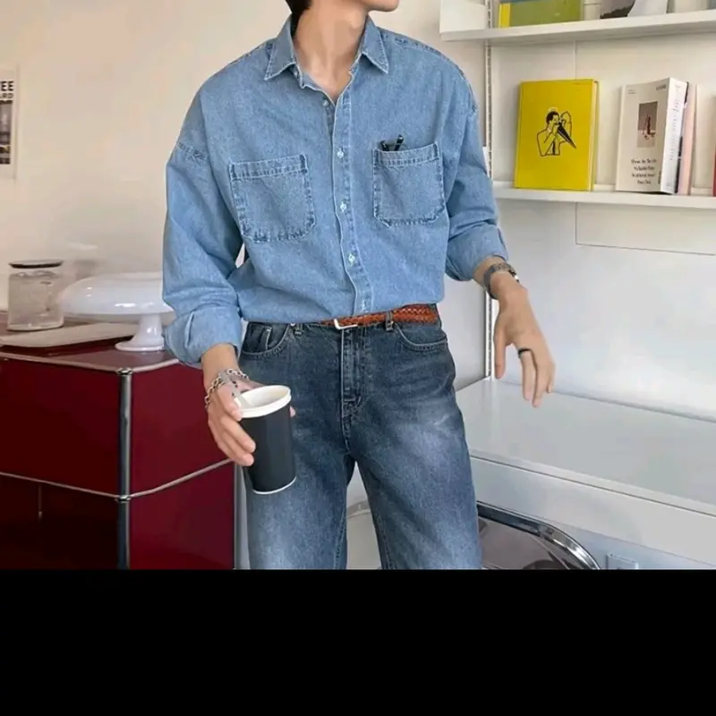 Áo Sơ Mi denim Tay Dài Dáng Rộng Phong Cách Hàn Quốc Thời Trang  Cho Nam 0