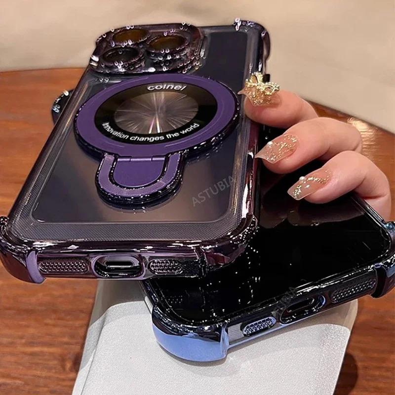 Product Introduction of Shockproof Plating Magnetic Stand Holder Clear Case For iPhone 16 15 14 13 12 11 Pro Max Plus For Magsafe Wireless Charge Cover 19