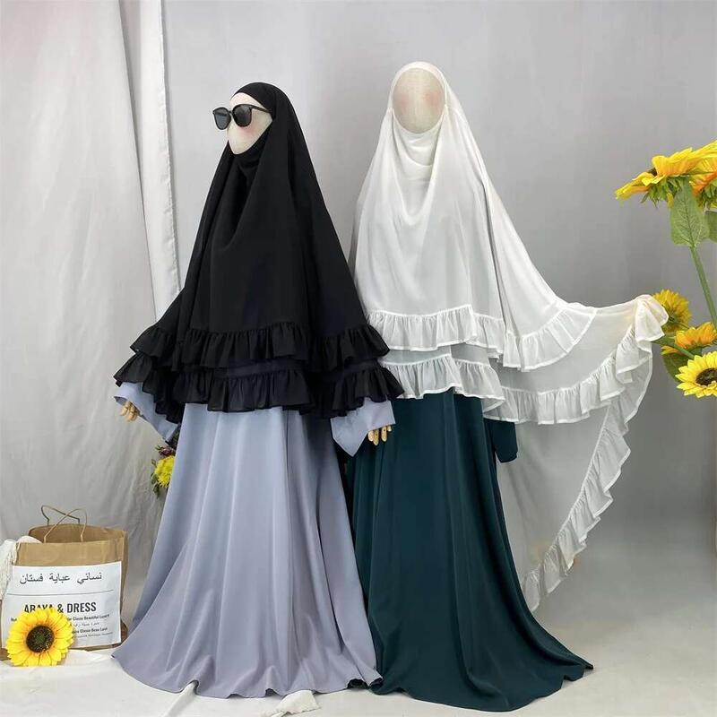 Product Introduction of Ramadan Chiffon Maxi Khimar Abaya Two Layers Ruffles Long Niqab Muslim Hijab Prayer Clothes Overhead Tie Back Plain Scarf Turban 11
