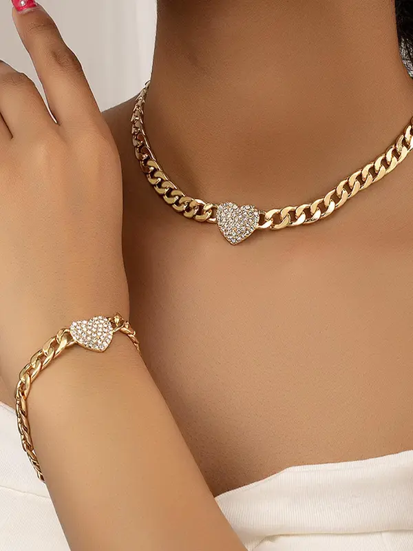 Rhinestone Decorated Heart Design Necklace & Bracelet, Fashion Jewelry for Party, Daily Clothing Decor, Trendy All-match & Exquisite Jewelry for Birthday Gift, Valentine's Day, Gift 0