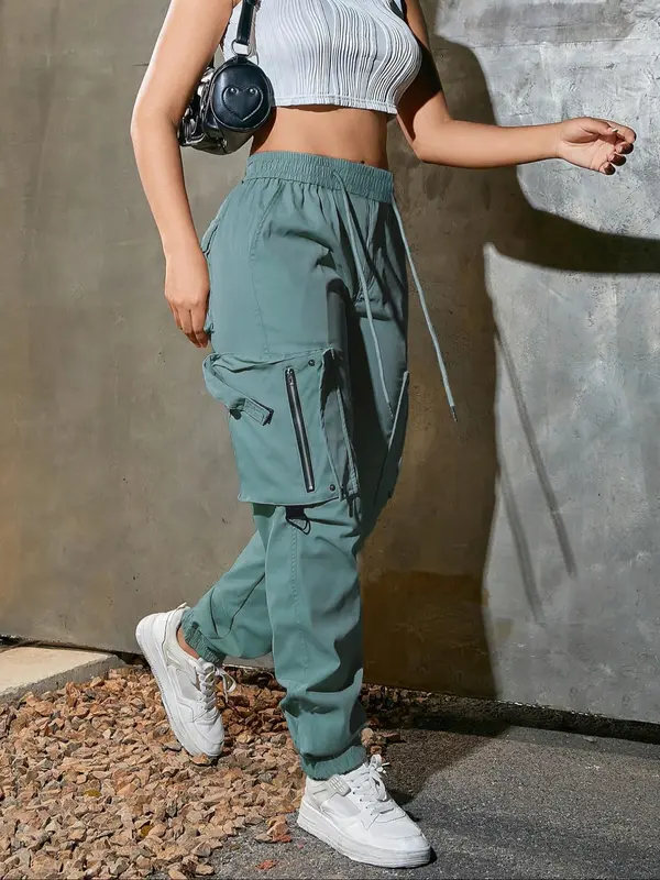 Women's Solid Pocket Drawstring Cargo Pants, Street Fashion Casual Trousers for Daily Wear, Ladies Bottoms for Spring & Fall 3