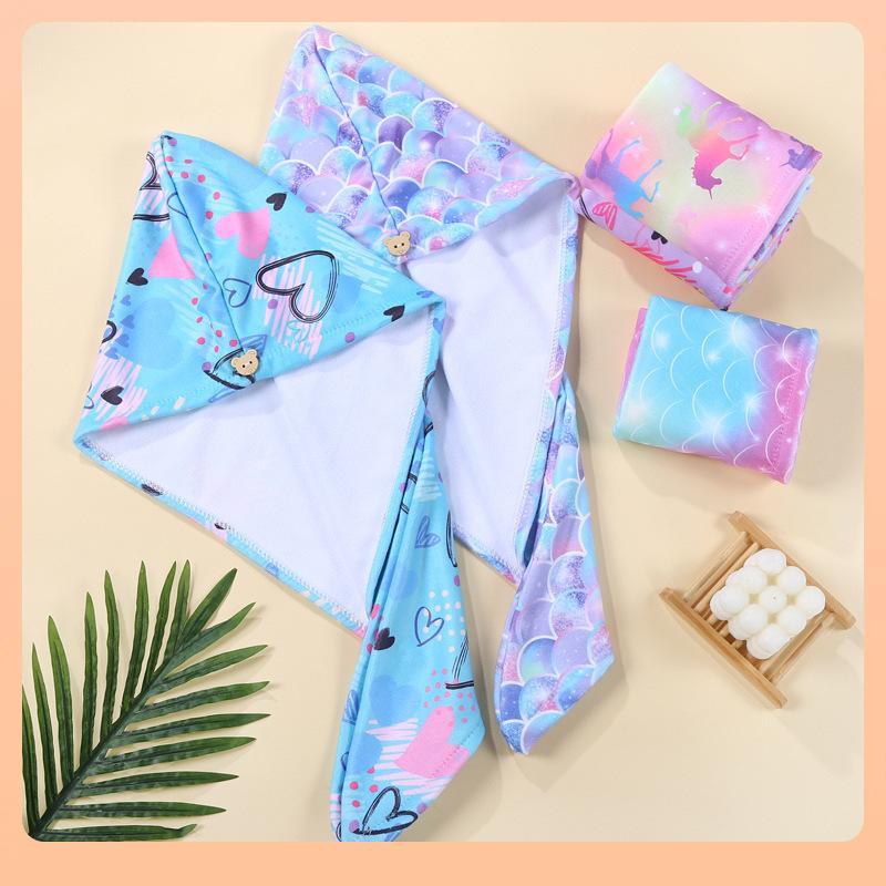 Hair Towel Wrap with Button, 1 Set Cute Cartoon Pattern Hair Drying Towel, Water Absorbent Hair Towel for Kids 8
