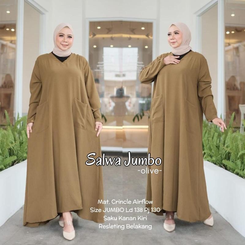 Gamis LD 140 Super Jumbo Besar Polos Muat BB 100 120 Bahan Crinkle Airflow Dress Motif Muslim Wanita 2
