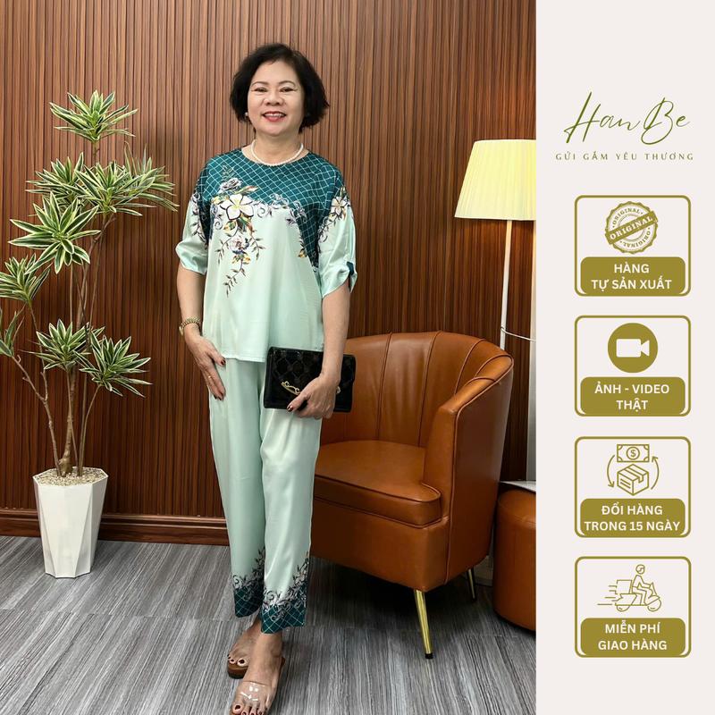 Set Bộ Đồ Trung Niên Mặc Nhà Lụa Cao Cấp In 3D Form Hai Túi Cho Mẹ Sang Trọng Lịch Sự HB08 0
