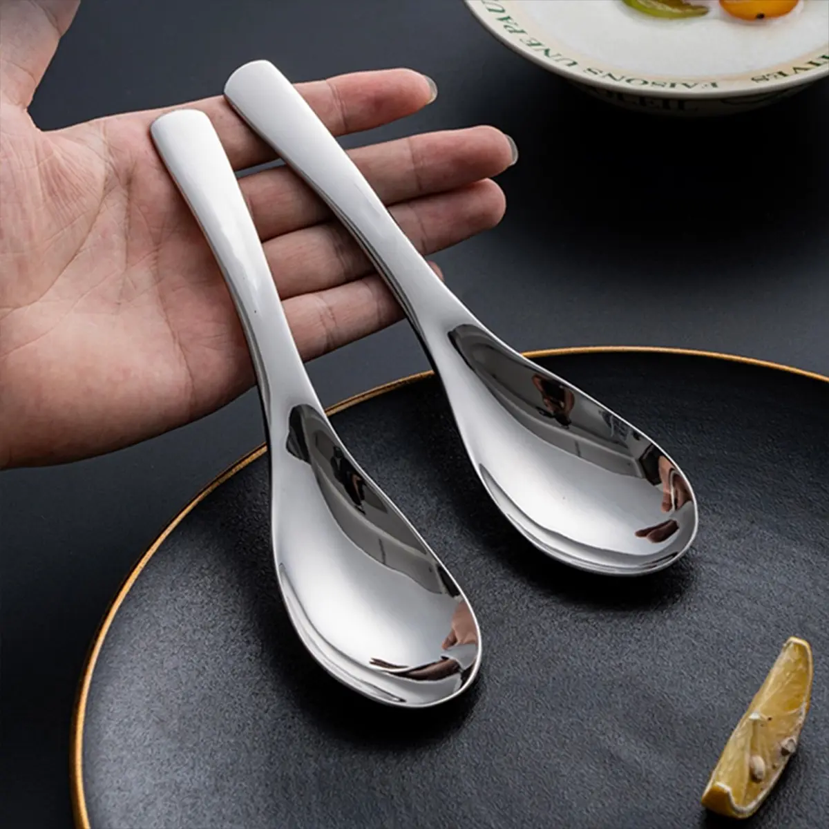 Asian Retro Chinese Ceramic Rice Spoons Curved Handle Ramen Soup ...