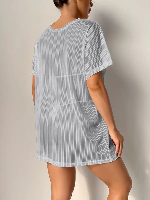 Women's Plain Sheer Batwing Sleeve Cover Up, Summer Clothes Women Boho Casual Mesh Short Sleeve Round Neck Cover Up, Ladies Summer Clothes, Clothing 7