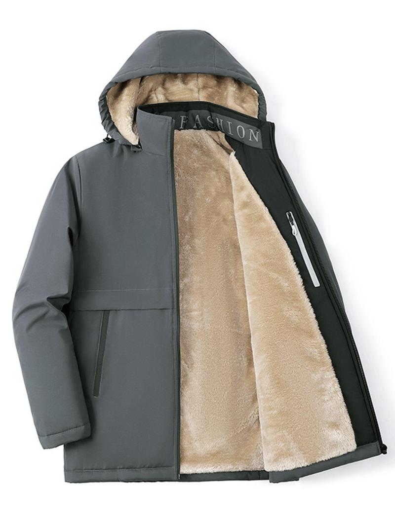 Product Introduction of Men's Solid Thermal Lined Zip Up Heated Jacket with Detachable Hood, Zipper Pockets Long Sleeve Coat Outerwear for Winter, Jackets for Men, Men's Clothing, Workwear Jacket Menswear Tops Underwear Hoodie Human Bestie Beige Casual Gamis 5