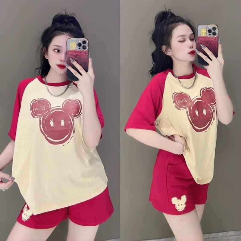 ĐỒ BỘ ĐÙI NỮ COTTON KÈM ÁO FORM RỘNG IN HÌNH DỄ THUONG Top Thun Women Kem Voi