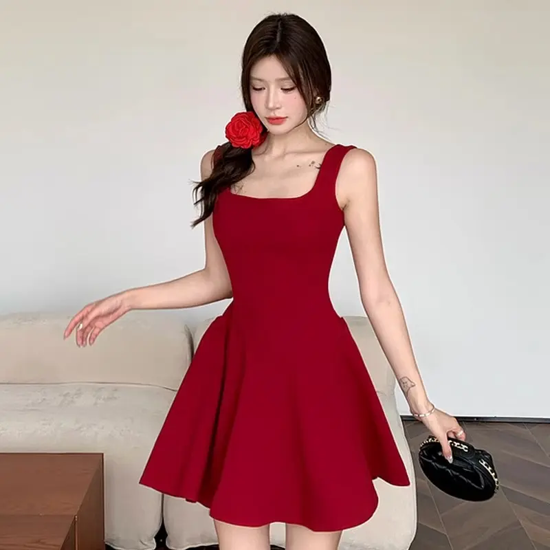 Cute Korean Dress French Style Red Square Neck Strap Dress For Women Summer  High-end TikTok