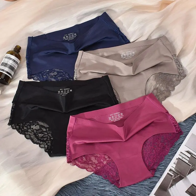 Ice Silk Underwear Women's Midwaist Seamless Lace Cotton Crotch Sexy Breathable Large Size Little Lady Briefs New
