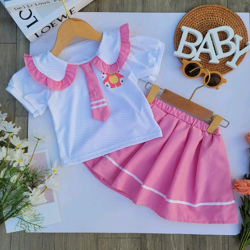 (SCVGD16) Sét Áo tay ngắn thun gân cổ sơ mi kèm cà vạt + chân váy xòe Hương Thảo cho Bé từ 1 đến 10 tuổi