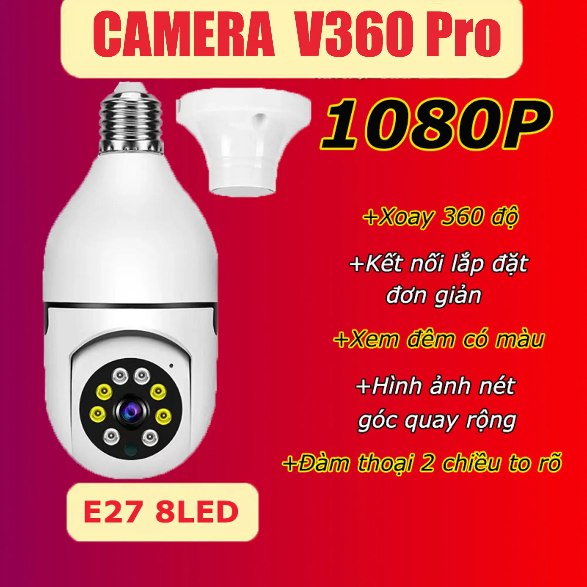 Camera giám sát CCTV E27 với đầu đèn, 1080P, 2.4GWIFI, âm thanh 2 chiều và phát hiện chuyển động
