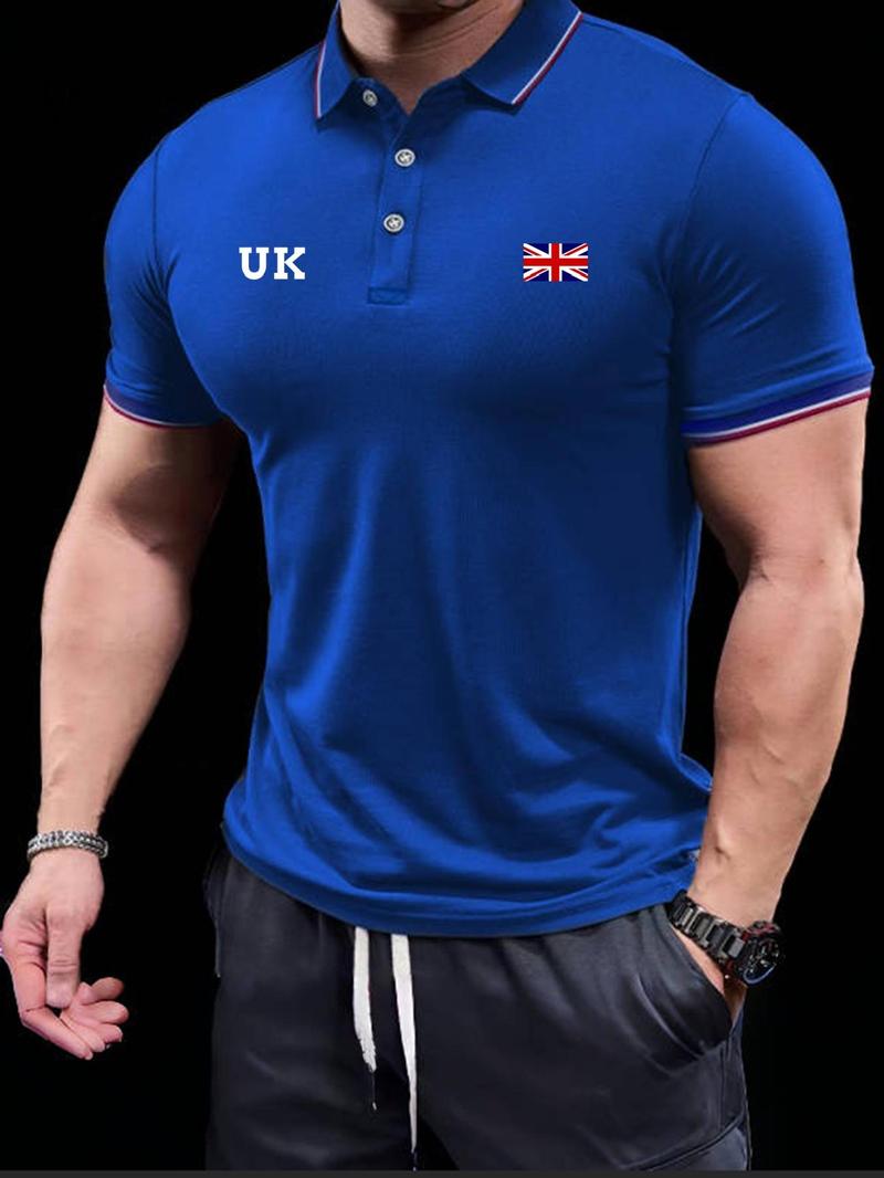 Product Introduction of Men's Letter & Flag  Print Polo Shirt, Casual Short Sleeve Collared Top for Summer, Fashion Men's Clothes for Daily Wear 7