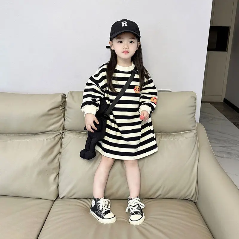 Váy Bé Gái, Phong Cách Phương Tây, Váy Len Dài Trung Bình Thiết Kế Mặt Cười Cho Trẻ Em, Váy Dài Tay Thường Ngày Kẻ Sọc, Hợp Xu hướng, Thích Hợp Cho Bé Gái 1