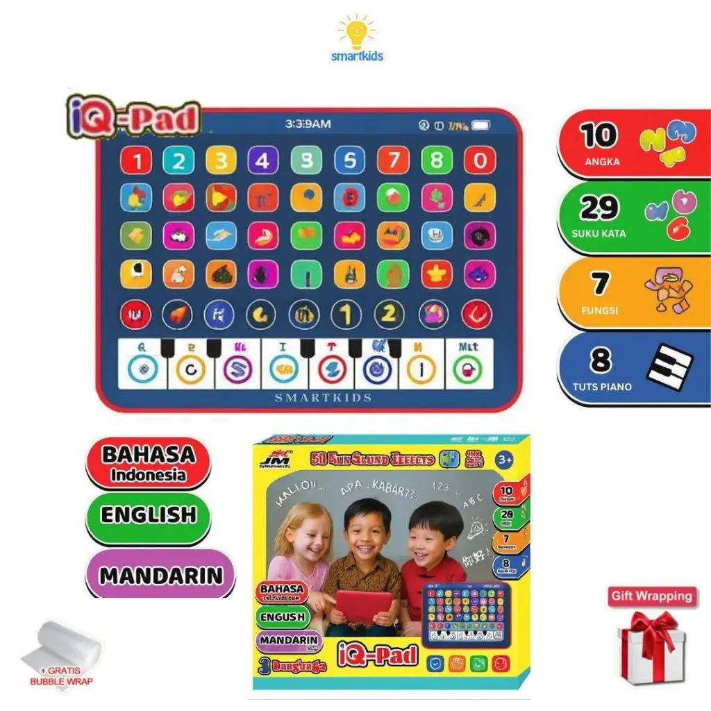 Mainan Edukasi Anak IQ Pad 3 Bahasa Indonesia Inggris Mandarin PlayPad Tablet Belajar Huruf Kata Alfabet Angka Warna Musik Piano Game Quiz Alphabet Learn Pad Toys