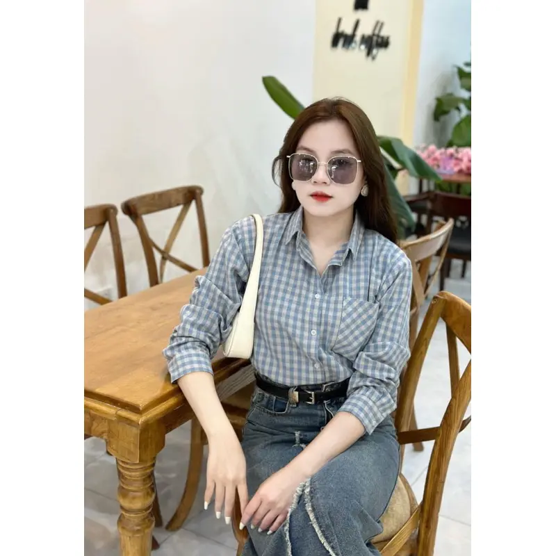 Áo Sơ Mi Nữ Kẻ Ô Sọc NhỎ Chất Cotton Mền Mại Form Rộng Phong Rộng Hàn Quốc