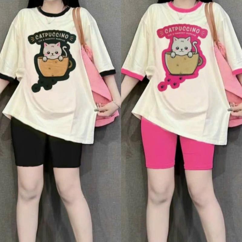 Đồ bộ lửng ngố thun gân kèm áo thun cotton form rộng Nữ Women Top Kem Quần Tim Voi Polo Cổ Tròn Nâu