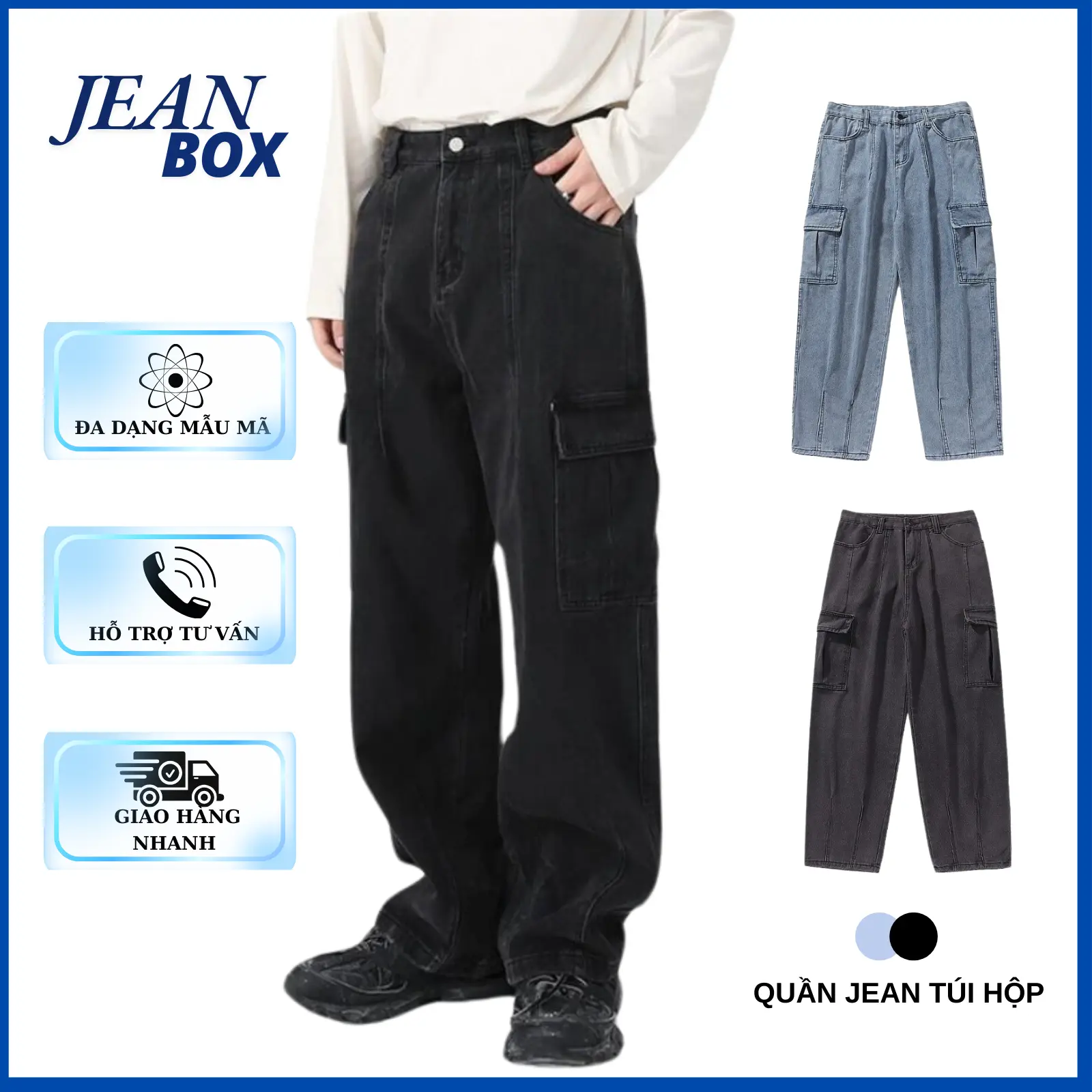 Quần jean túi hôp nam nữ baggy ống rộng 2 túi nửa cạp chun JEAN BOX119 Menswear Có Túi Pants