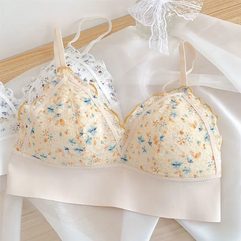 Đồ Lót Hoa, Dành Cho Nữ, Siêu Mỏng, Thích Hợp Cho Mùa Hè, Lưng Đẹp, Ngực Nhỏ Thiết Kế Pháp Ngọt Ngào Và Tự Nhiên, Có Nơ, Phong Cách Gợi Cảm, Hàng Mới Về Năm 2024 Nhung Women ÁO Voi Bra