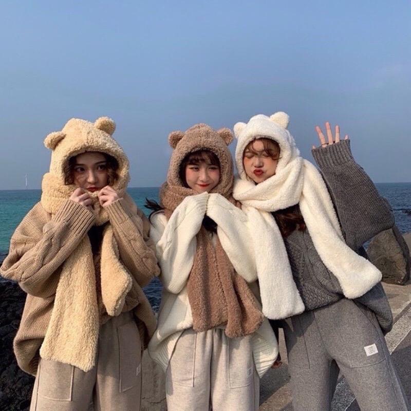 Mũ Len Lông Cừu Tai Gấu Chụp Đầu Mềm Mại Kèm Khăn Quàng Cổ Và Gang Tay 3 Trong 1 Women Phụ Kiện khăn quàng Hoa Cao Su