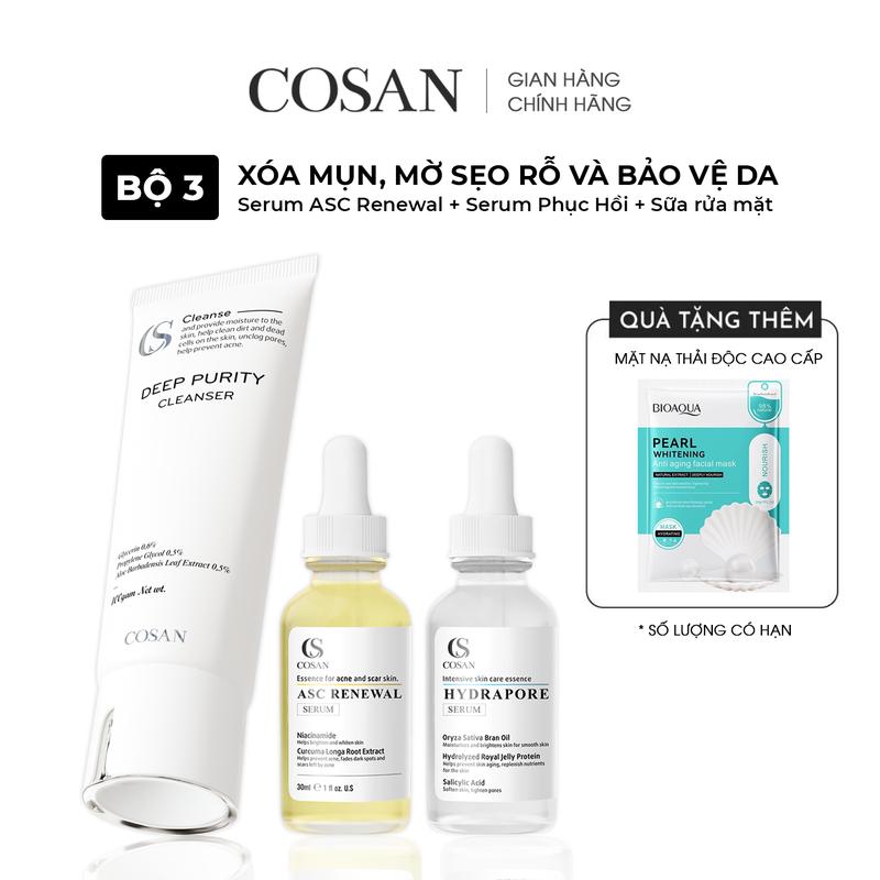 Bộ 3 sản phẩm serum hỗ trợ cải thiện mụn, serum cải thiện da và sữa rửa mặt Cosan