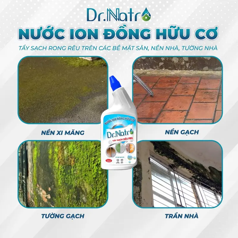 Nước ion Đồng Hữu Cơ Dr Natro - Làm Sạch Rong Rêu, Cặn Canxi, Ron Gạch, Vết Rỉ Sét, Vết Bám Xi Măng,.......Chai 1000ml - Tặng 1 miếng chà nhám + 1 Miếng Cước Tím 3