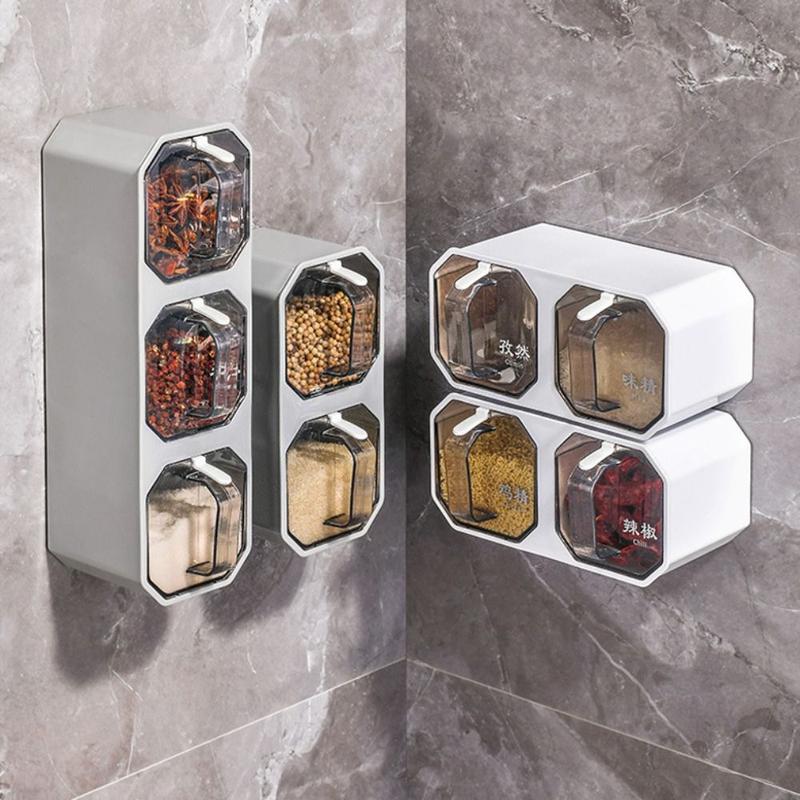 High-quality Plastic Seasoning Boxes Wall Mounted Divided Seasoning Jar With Spoon 2/3 Grid Condiment Tank Chicken 1