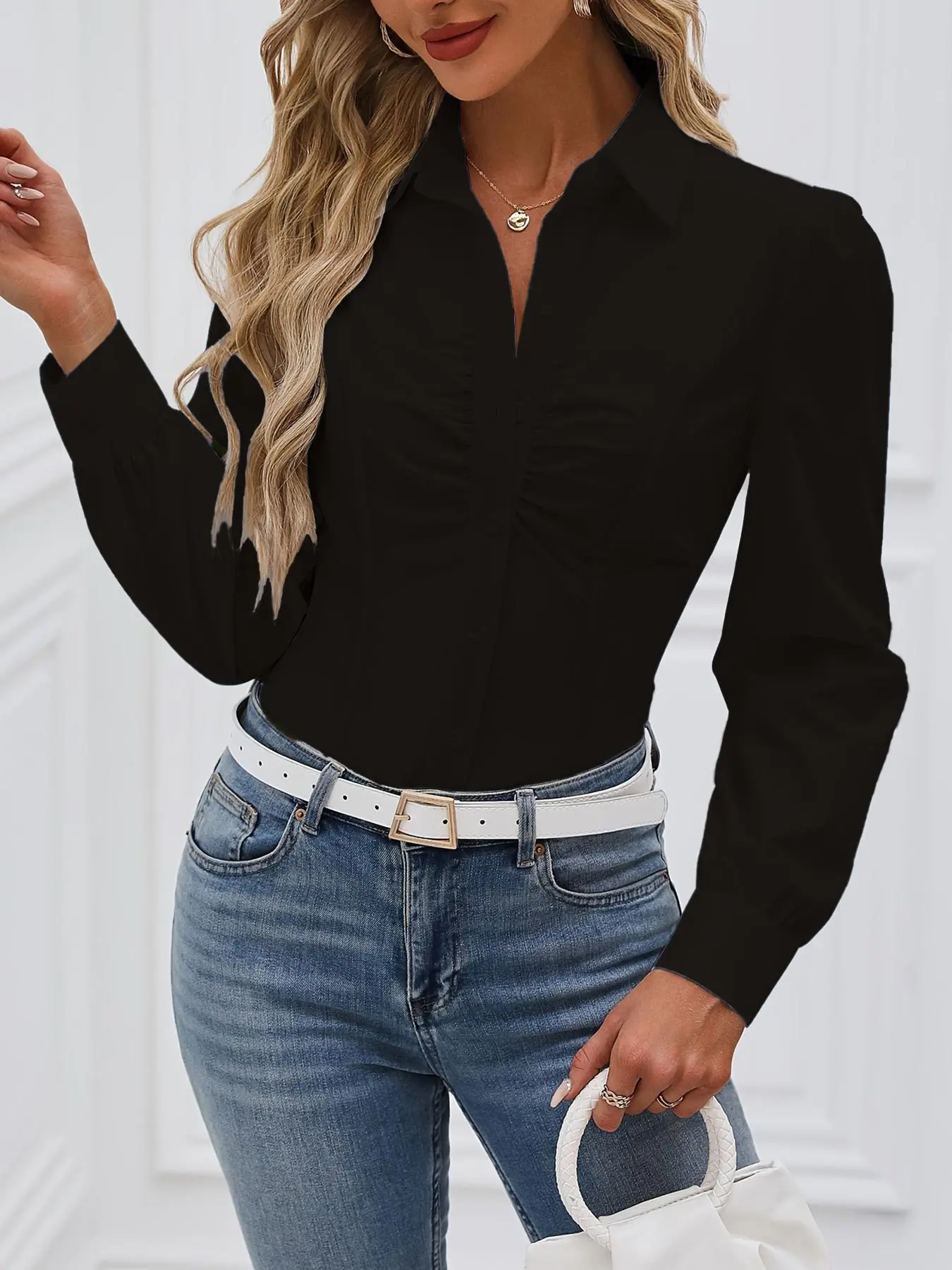 Women's Plain Ruched Button Front Shirt, Casual Long Sleeve Collared Top for Fall, Ladies Clothes for Work Office Business, Blouse