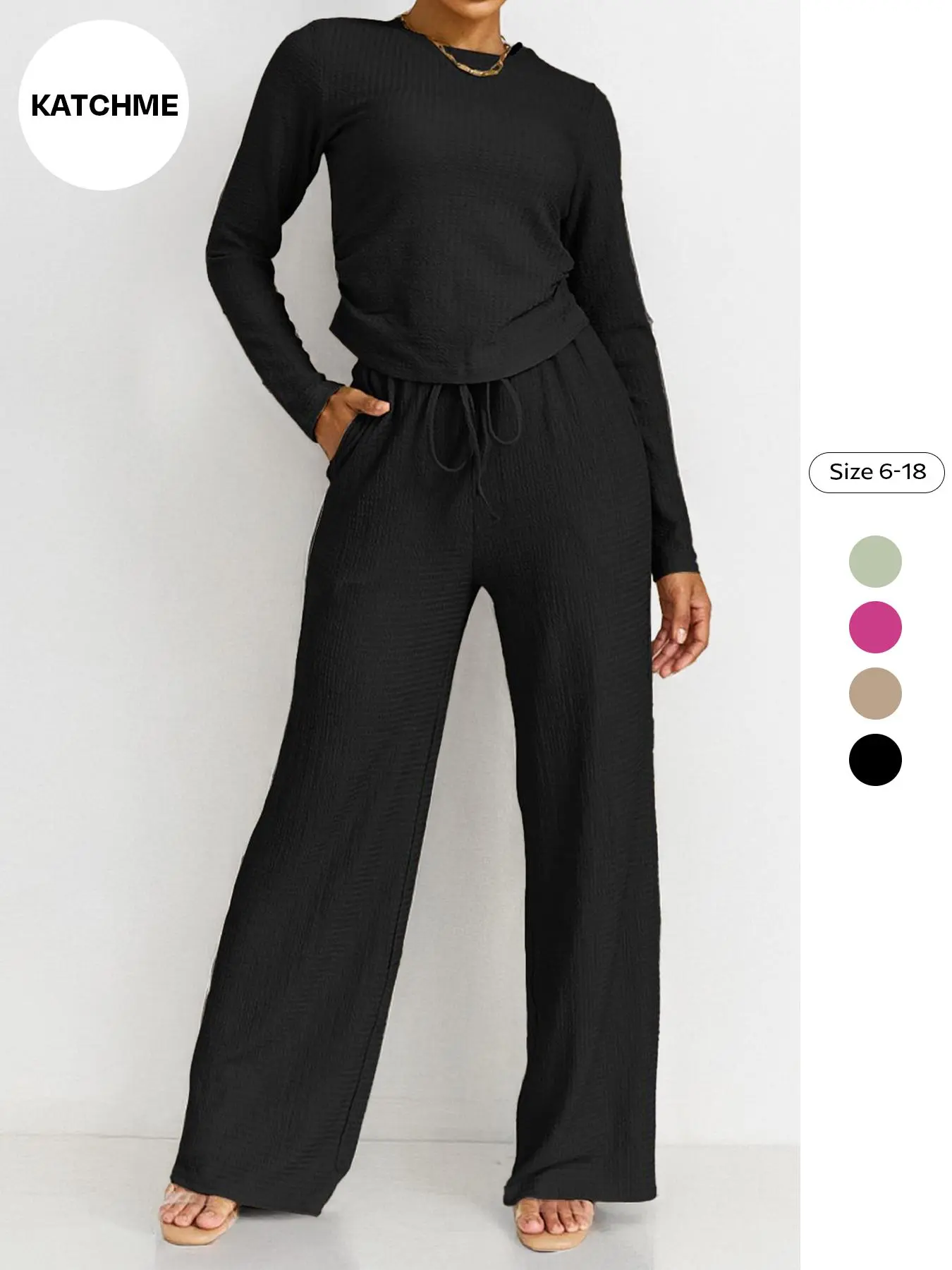 Two-piece Set Women's Solid Textured Crew Neck Top & Tie Front Wide Leg Pants Set, Casual Fashion Cozy Round Neck Long Sleeve Top & Trousers for Daily Outdoor Wear, Co-ord Sets, Women's Clothing for Fall & Winter